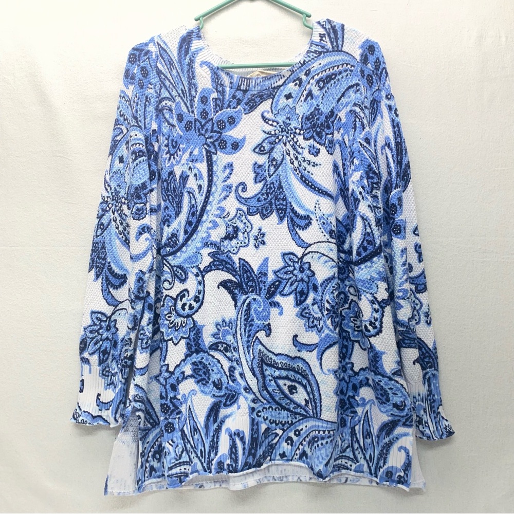 Soft Surroundings Marin Sweater Size 1X  Waffle Weave Texture Floral Blue White